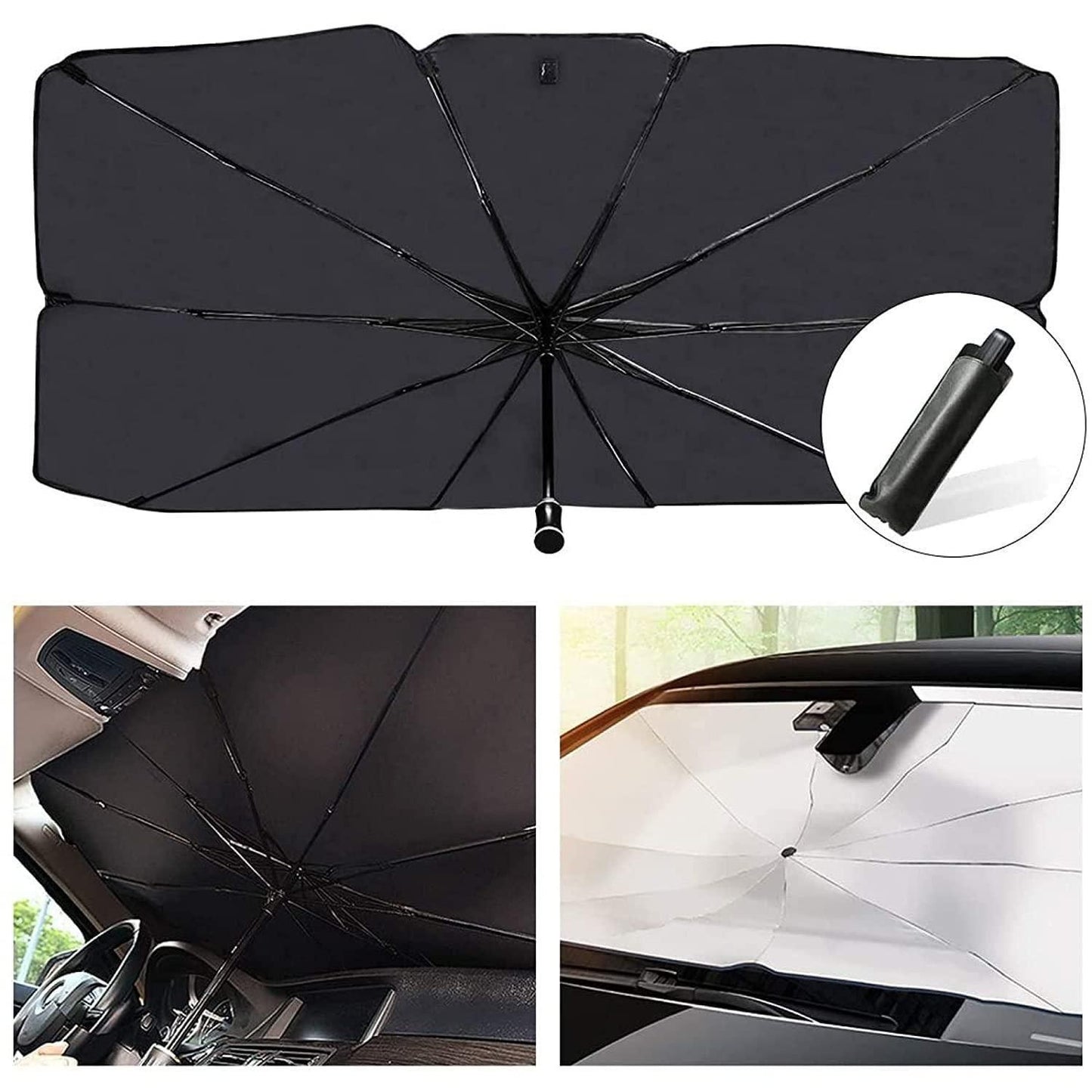 Car Windshield Sun Shade Umbrella - Thermal Heat Protector | Easy Install , Alloy Steel | Black
