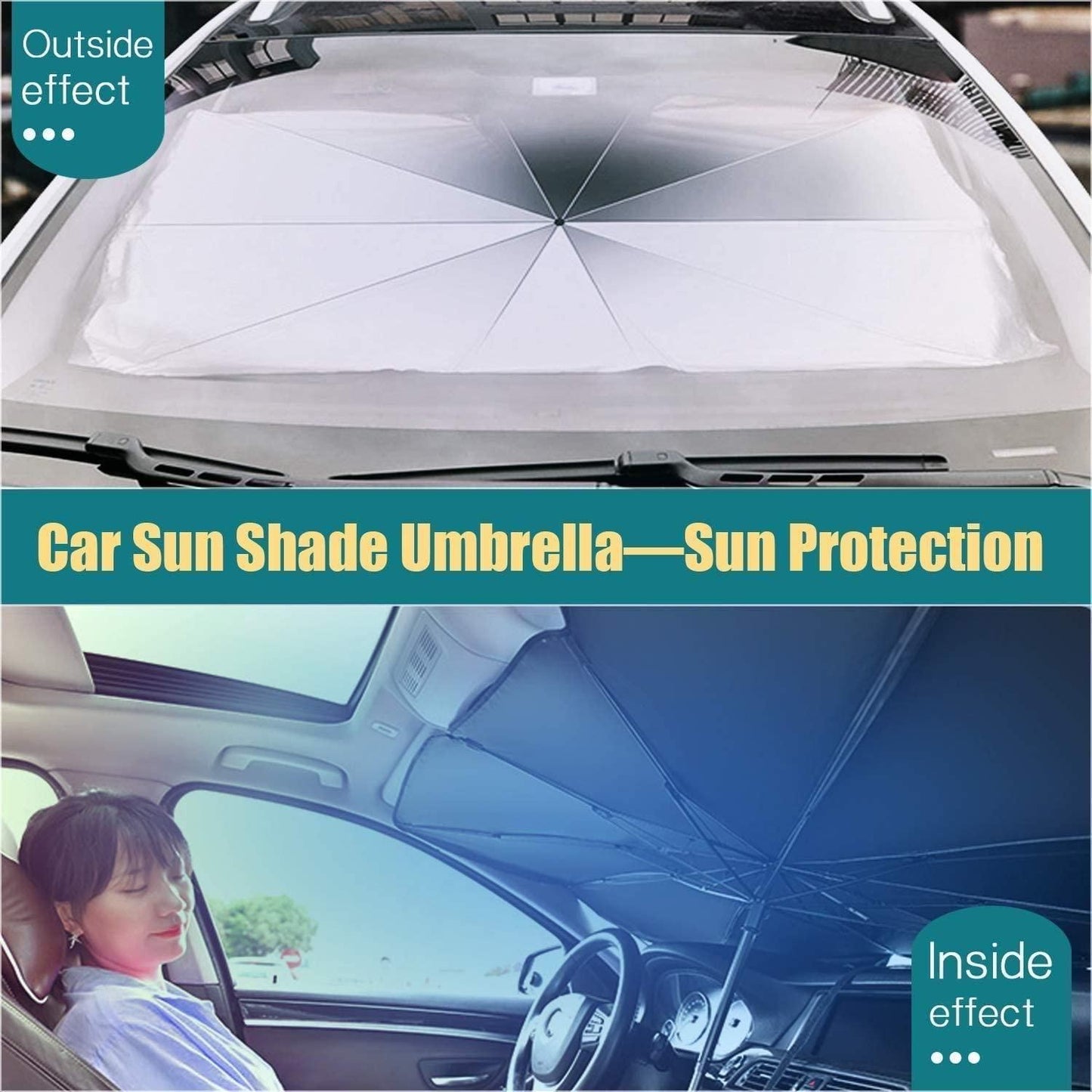 Car Windshield Sun Shade Umbrella - Thermal Heat Protector | Easy Install , Alloy Steel | Black