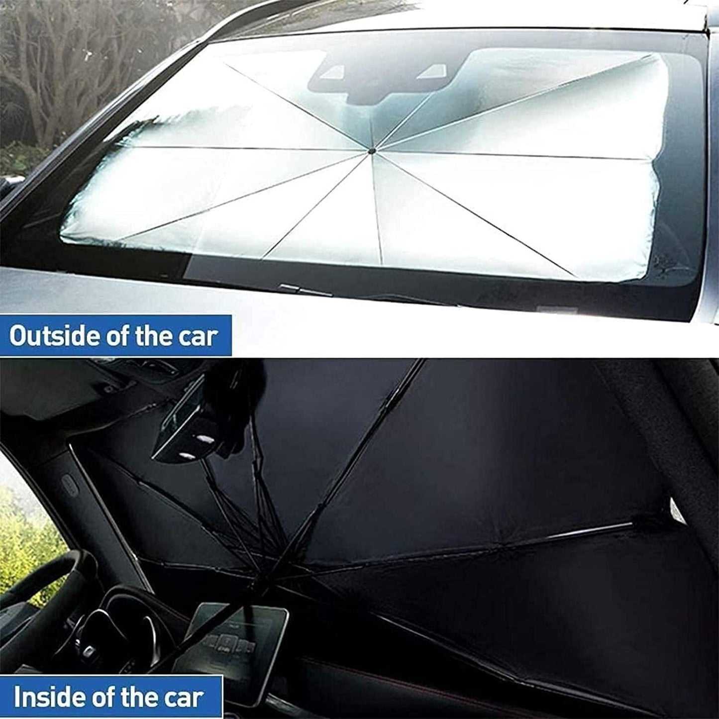 Car Windshield Sun Shade Umbrella - Thermal Heat Protector | Easy Install , Alloy Steel | Black