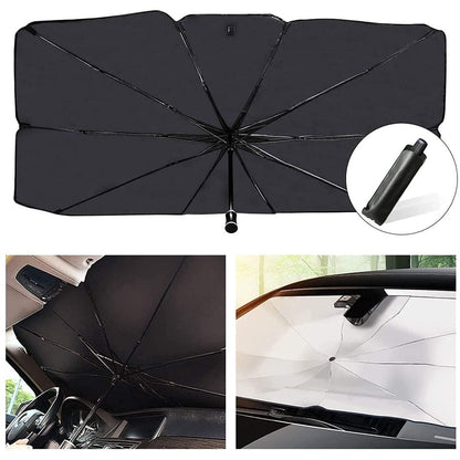Car Windshield Sun Shade Umbrella - Thermal Heat Protector | Easy Install , Alloy Steel | Black
