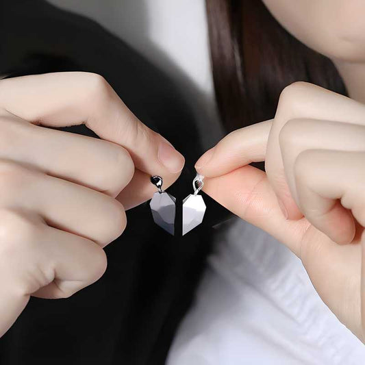 2 Pcs Black and Silver Matching Magnetic Heart Couples Pendant Necklace for Men and Women