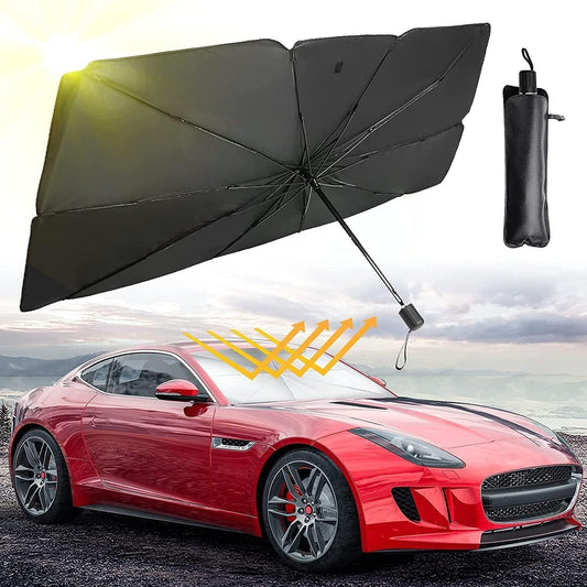 Car Windshield Sun Shade Umbrella - Thermal Heat Protector | Easy Install , Alloy Steel | Black