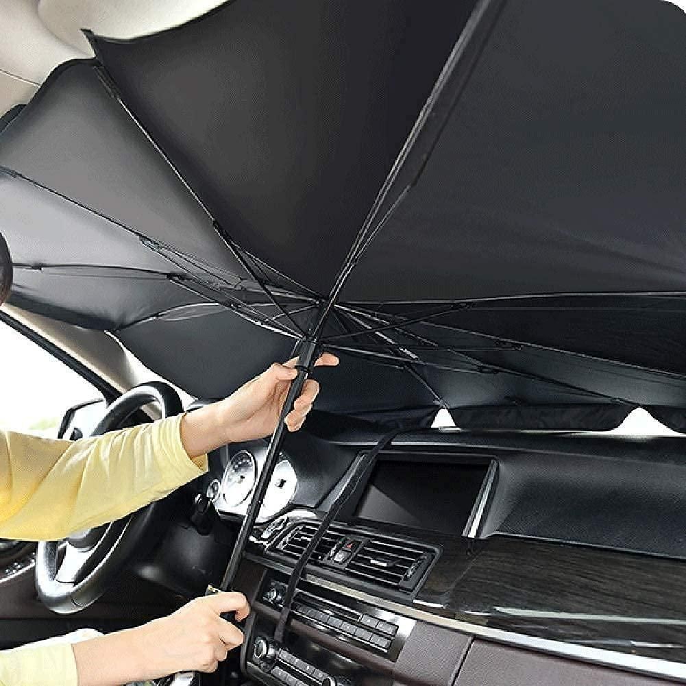 Car Windshield Sun Shade Umbrella - Thermal Heat Protector | Easy Install , Alloy Steel | Black